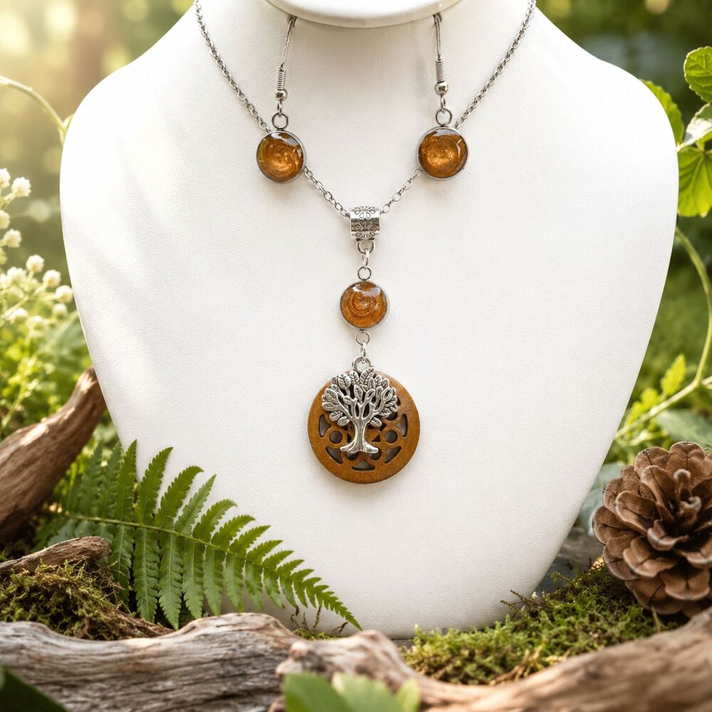 Handmade Tree of Life Necklace & Earrings Set | Resin Jewelry | Nature Inspired